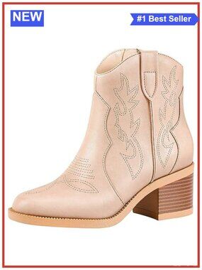 Embroidered Western Cowboy Ankle Boots Round Toe Chunky Heel Booties